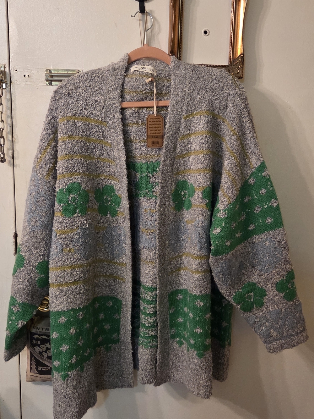 NATURAL LIFE Heather Gray Cardigan with Olive Stripe L/XL